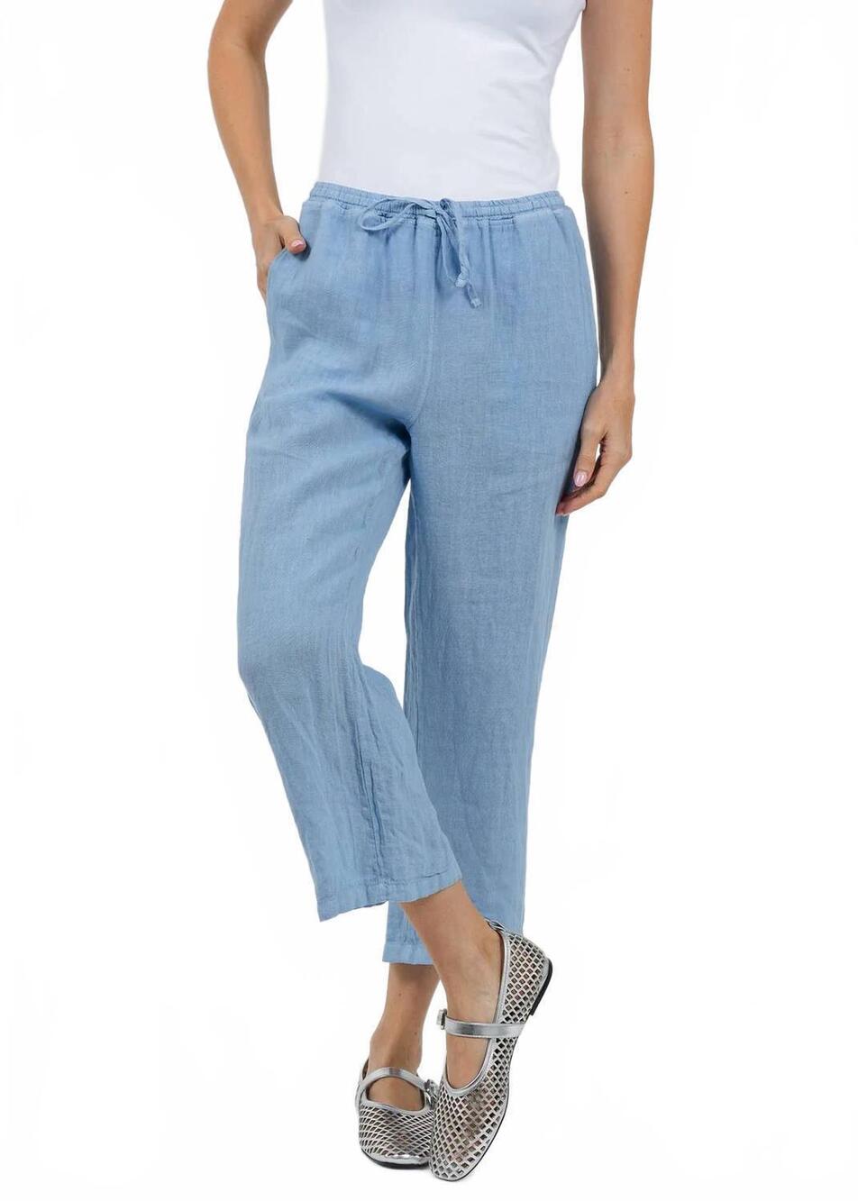 NEW ELLIOTT LAUREN drawstring pull-on crop linen pants in amalfi blue